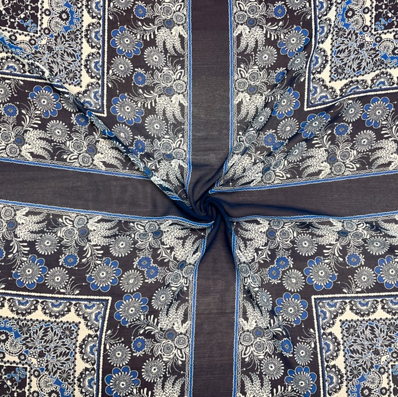Blue-White Floral Moroccan Bandana PANEL Printed Chiffon Woven Fabric